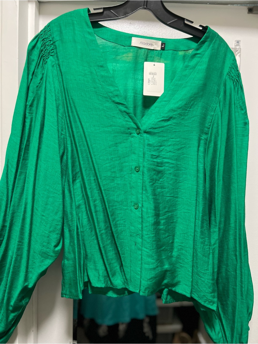 Beginning Boutique Emerald Green Button-Front Satin Blouse balloon sleeve rayon